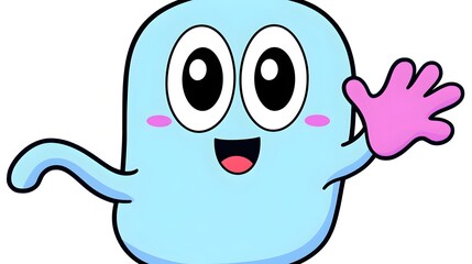 Fototapeta premium Cheerful and friendly cartoon character with bold outlines and soft pastel colors waving on a minimalist white background perfect for branding UI design or digital