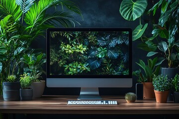Nature-themed workstation with lush greenery surrounding a desktop computer creating a tranquil and organic work environment