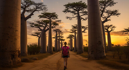 silhouette of a woman walking in the sunset in baobab avenue, madagascar