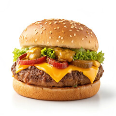 single fresh burger with beef  cheese  bacon and vegetables isolated on white background  burger