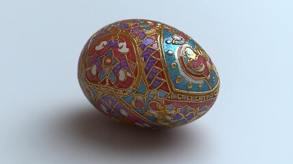 This high-quality image captures a serene Easter tableau with a single, exquisitely decorated egg serving as the focal point against a pure white background. Adorned with intricate hand-painted 