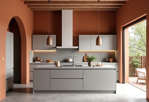 Clean & Minimalist Mediterranean: Light Gray Kitchen, Terracotta Floors, Modern Pendant Lights, White Palette, Functional Design, Ultra-Realistic Rendering.

