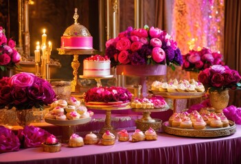 stunning vibrant dessert table filled lush arrangements colorful treats showcasing delight eyes taste buds, banquet, baking, berry, cake, celebration