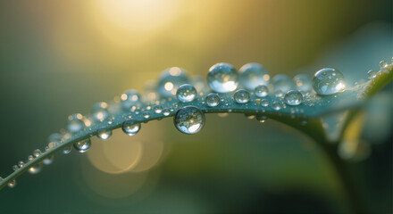 spherical dew drops clinging to the emerald green, slightly waxy leaf of a young plant, illuminated by a soft, warm, and gentle morning light
