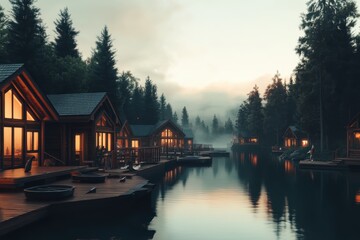 Fototapeta premium Cozy wooden cabins by the tranquil lake at dawn enveloped in mist create a serene escape from city life
