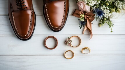Elegant men's accessories isolated on white wooden background, AI generated image
