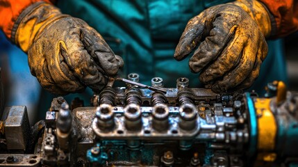 Fototapeta premium Mechanic repairing engine, workshop background, industrial maintenance