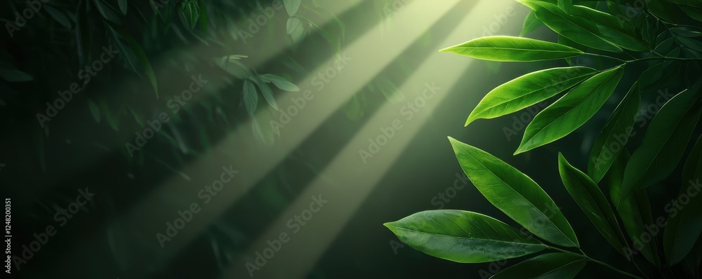 Poster a serene forest scene showcasing vibrant green leaves illuminated by soft rays of sunlight filtering