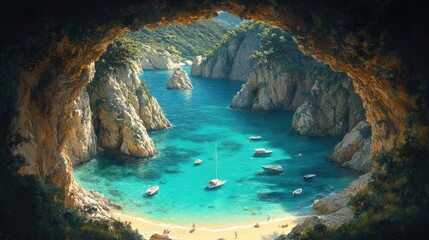 Naklejka premium Scenic coastal view from a cave showcasing turquoise waters, boats, and sandy beach