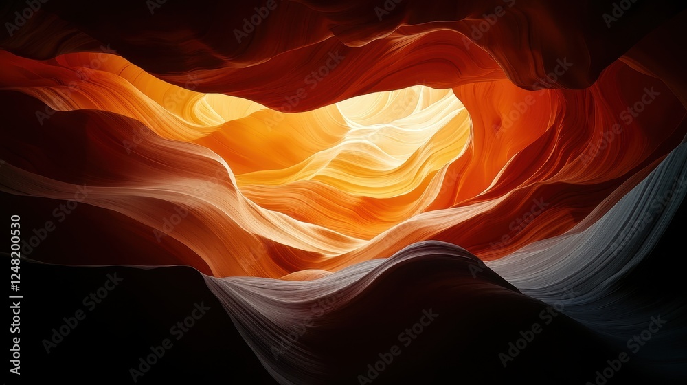 Poster a stunning view of waves of red and orange rock formations illuminated by light, creating a dramatic