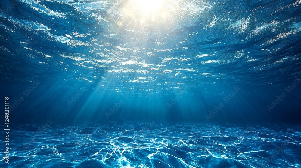 Poster sunlight streams through the clear blue water surface, illuminating the depths below with vibrant re
