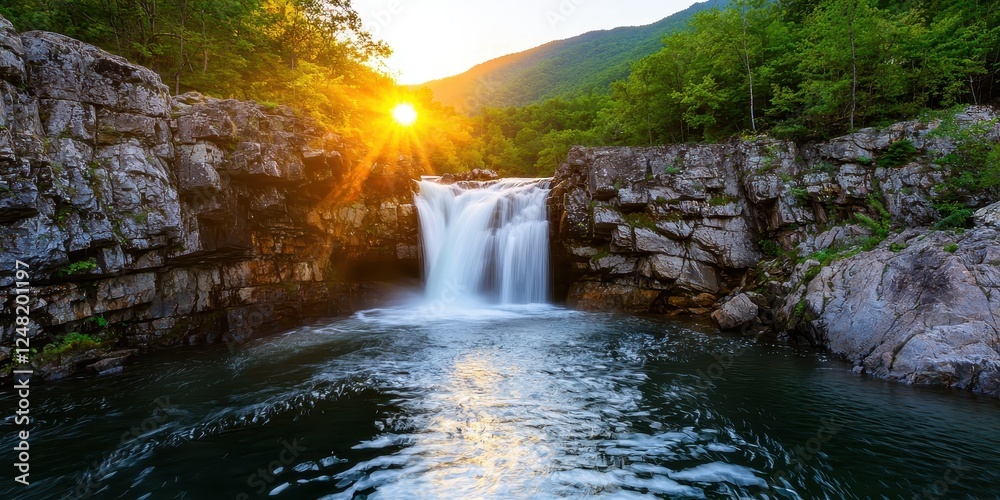 Poster a stunning waterfall cascades into a tranquil pool, surrounded by lush greenery and illuminated by a