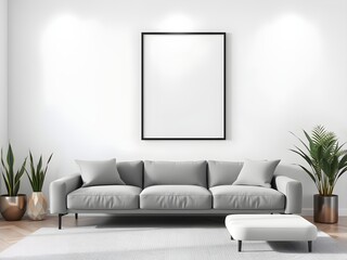 Mock-up for canvas or poster presentation. A modern white living room featuring a comfortable sofa, greenery, and a framed artwork, blending elegance with natural beauty. 3d render