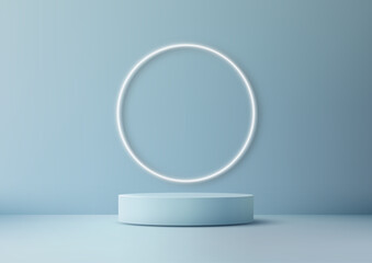 minimalist glowing white ring on pale blue cylindrical podium, modern product display concept