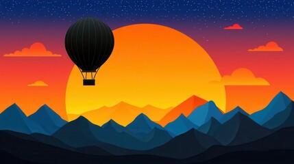Fototapeta premium A hot air balloon floats against a vibrant sunset, with mountains silhouetted in the foreground, creating a serene and colorful landscape.