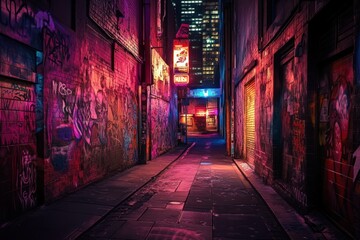 Neon-lit city alleyway, graffiti art, night scene, urban exploration