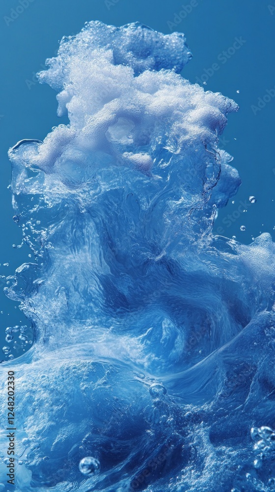 Poster Beneath the surface, a captivating wave dances and flows, showcasing frothy bubbles and textured currents in a spectrum of blue, evoking a serene aquatic environment