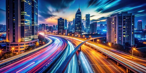 Fototapeta premium Urban light trails dance in long exposure night photography, creating abstract cityscapes.