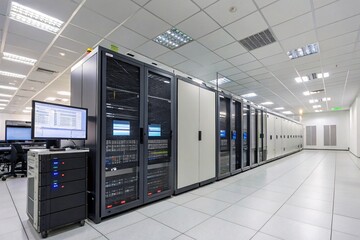 Modern Data Center with Server Racks and Network Monitoring Station