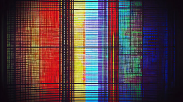 Vintage television screen effect with colorful lines and pixels texture on black background. Realistic vector illustration of abstract retro vhs tv video play or rewind grain and noise backdrop.