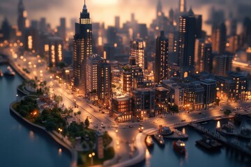 Obraz premium Sparkling city skyline illuminated by evening lights and reflections over the calm waters, showcasing modern architecture and urban life