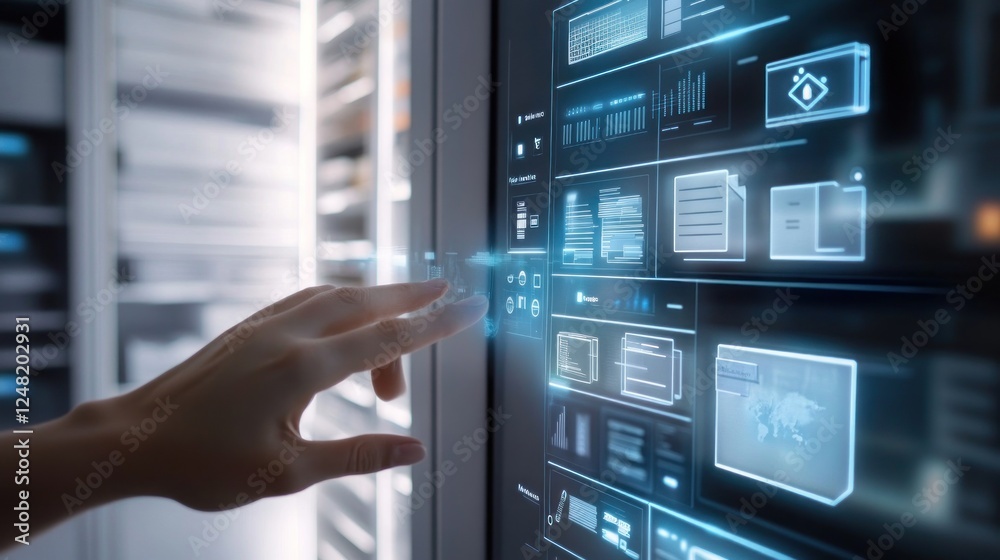 Poster navigating complex data on a holographic interface with server room backdrop