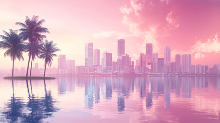Obraz premium Sunset city skyline architecture near the bay waterfront. Modern megalopolis with palm trees, skyscrapers reflecting in water surface under pink sky panoramic background, Cartoon vector illustration