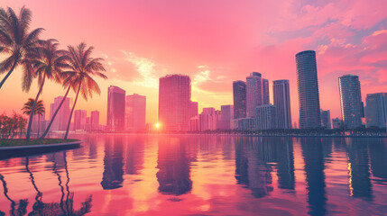 Fototapeta premium Sunset city skyline architecture near the bay waterfront. Modern megalopolis with palm trees, skyscrapers reflecting in water surface under pink sky panoramic background, Cartoon vector illustration