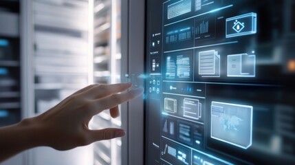 Navigating complex data on a holographic interface with server room backdrop