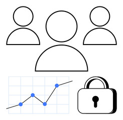Three user icons signify teamwork, a line graph with data points illustrates analysis, and a padlock emphasizes security. Ideal for business, teamwork, data privacy, cybersecurity, statistics