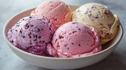 Delicious ice cream scoops in bowl on marble