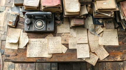 Fototapeta premium A nostalgic home office with an antique writing desk, a rotary phone, and handwritten letters scattered across. --chaos 20 --ar 16:9 --quality 2 --v 6.1 Job ID: daa4790a-b8bd-43ef-818b-ba1b05ed9c44