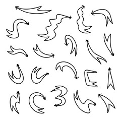 Doodle arrows set. Black thin line arrow collection. Sketch direction symbol design for business plan or education