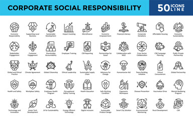 Corporate Social Responsibility icons set with economic responsibility, supporting local business, sustainable development, impact investing, microfinance icon. Simple line vector 
