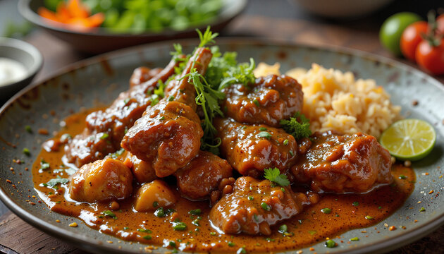 Curry goat dish with aromatic spices on rustic table, culinary delight
