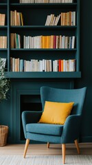 Cozy Reading Nook with Teal Armchair and Colorful Book Collection on Stylish Bookshelf