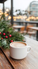 Cozy Coffee Cup on Wooden Table Surrounded by Christmas Decor and Warm Lights in a Charming Café Setting