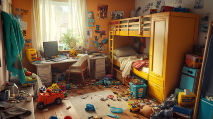 Messy bedroom with playing kids, dirty furniture, clutter and scattered garbage. Children play in untidy hostel or dormitory room with bunk bed, computer and wardrobe, vector cartoon illustration