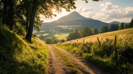 Sun-kissed path leading towards majestic mountain scenery and golden meadows
