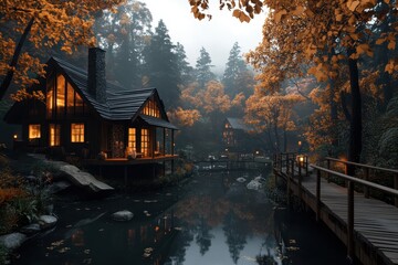 Charming cabin retreats by a tranquil pond in a serene autumn landscape surrounded by misty woods