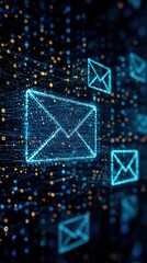 Digital email communication concept with futuristic blue highlighted envelope icons