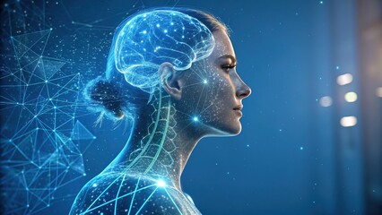 Digital Woman with Holographic Brain and Neural Network Representing Artificial Intelligence and Advanced Technology