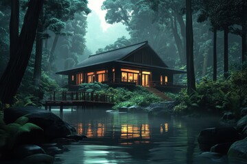 Fototapeta premium Tranquil retreat at dusk reflects warm light on serene waters surrounded by lush forest
