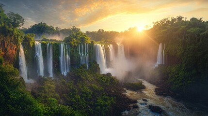 Iguazu Falls sunset, lush rainforest, South America