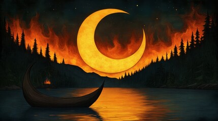 Night falls over a serene lake a boat adrift under the glow of a giant crescent moon against a dramatic sky Tranquility meets mystery