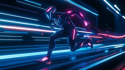 Futuristic Runner Speeds Through Neon Light Streaks