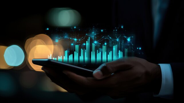 Businessman holding smartphone with digital financial data and graphs at night