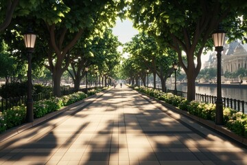 Fototapeta premium Sunlit pathway lined with trees invites leisurely strolls along tranquil waterfront in the heart of a vibrant city