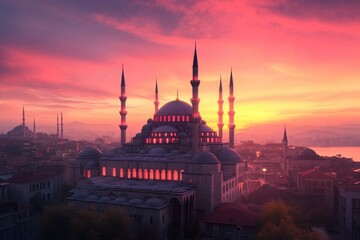 Obraz premium Majestic mosque stands tall against a vibrant sunset in Istanbul, casting shadows across the ancient city skyline