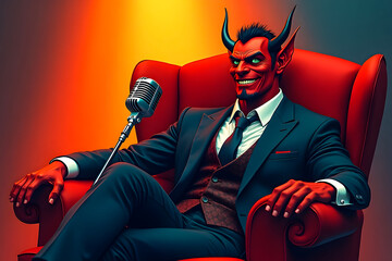 An elegant devil journalist blogger sits in a chair in front of a microphone and hosts a program about hellish life.